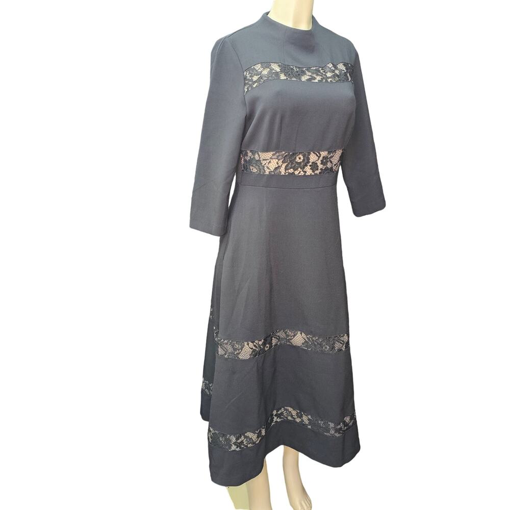 GENEVIE Dress Women Large Black Floral Lace Midi Tea Length 3/4 Sleeve Party NEW